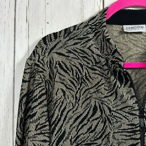 Chicos Travelers Metallic Black Gold Full Zip Long Sleeve Casual Printed Jacket - Picture 3 of 16